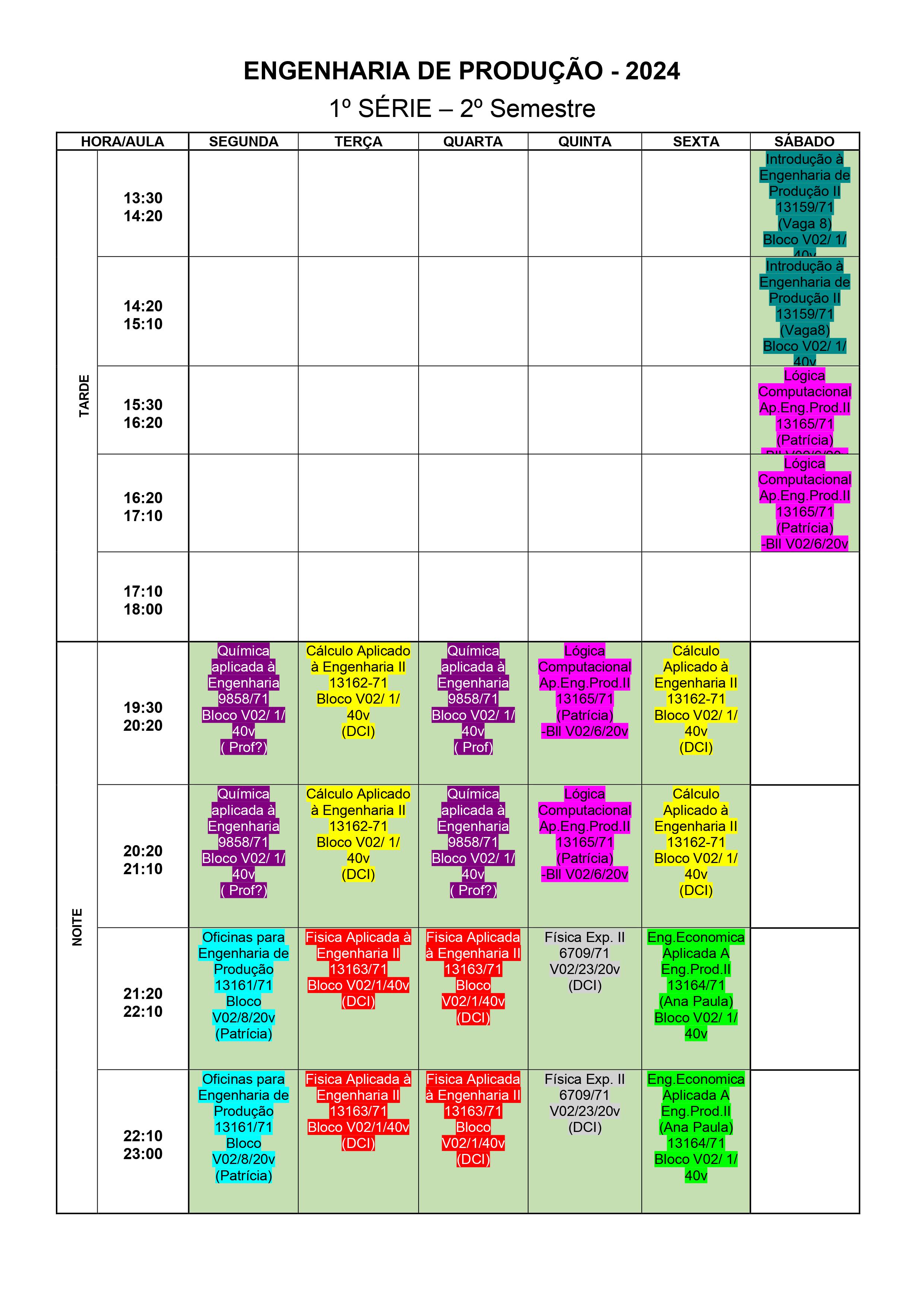 Horário 1ª Serie - 2º Semestre