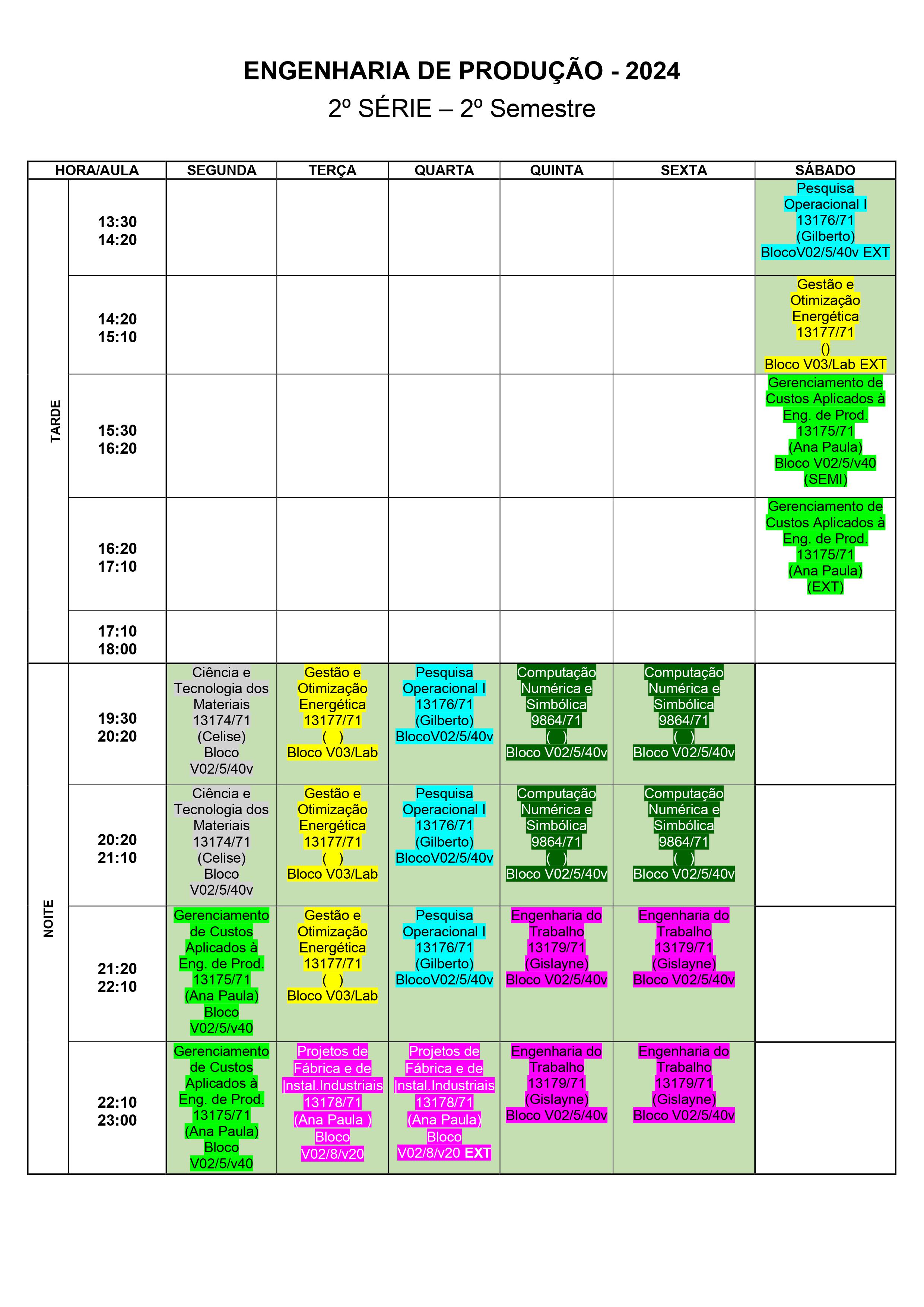 Horário 2ª Serie - 2º Semestre