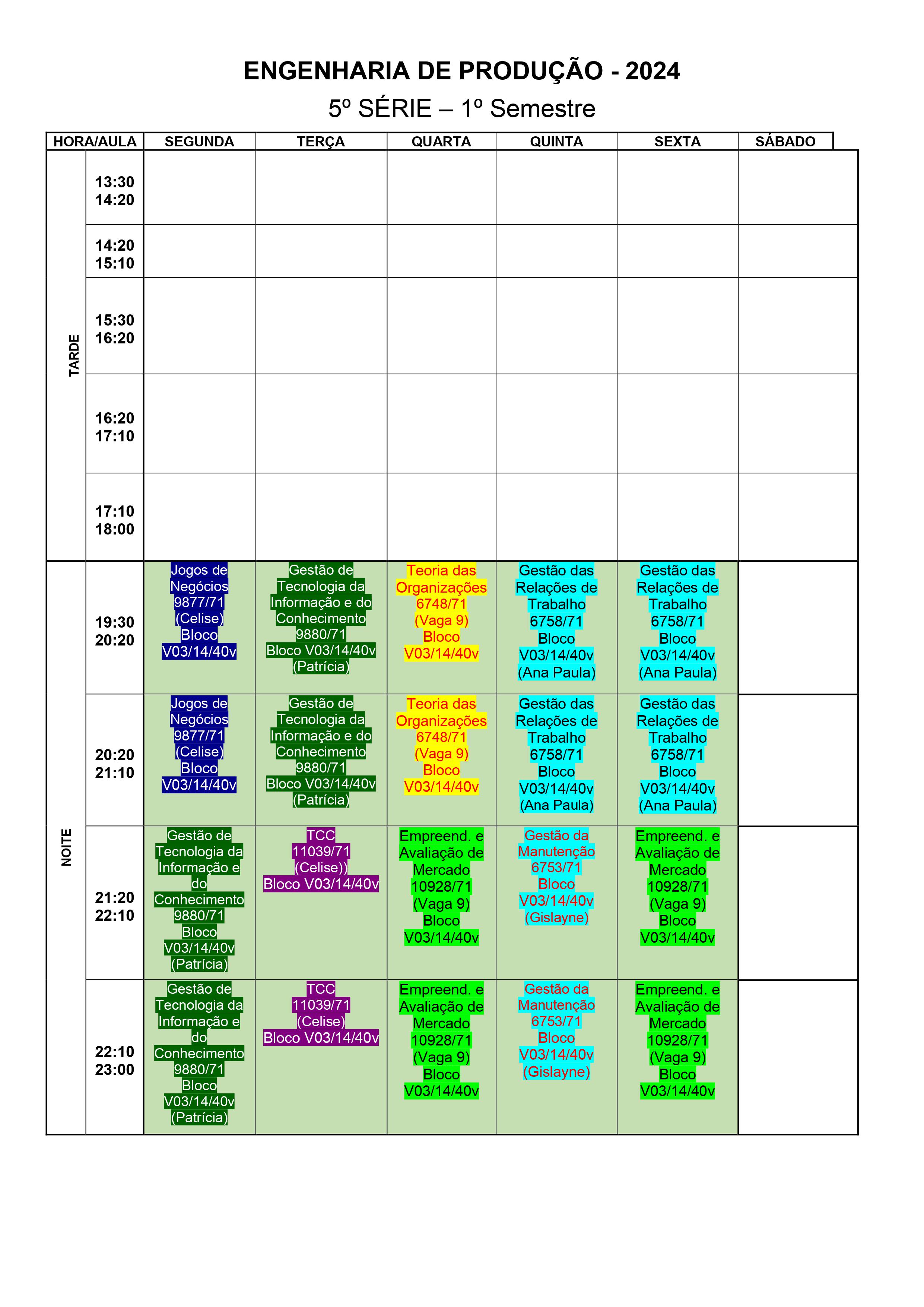 Horário 5ª Serie - 1º Semestre